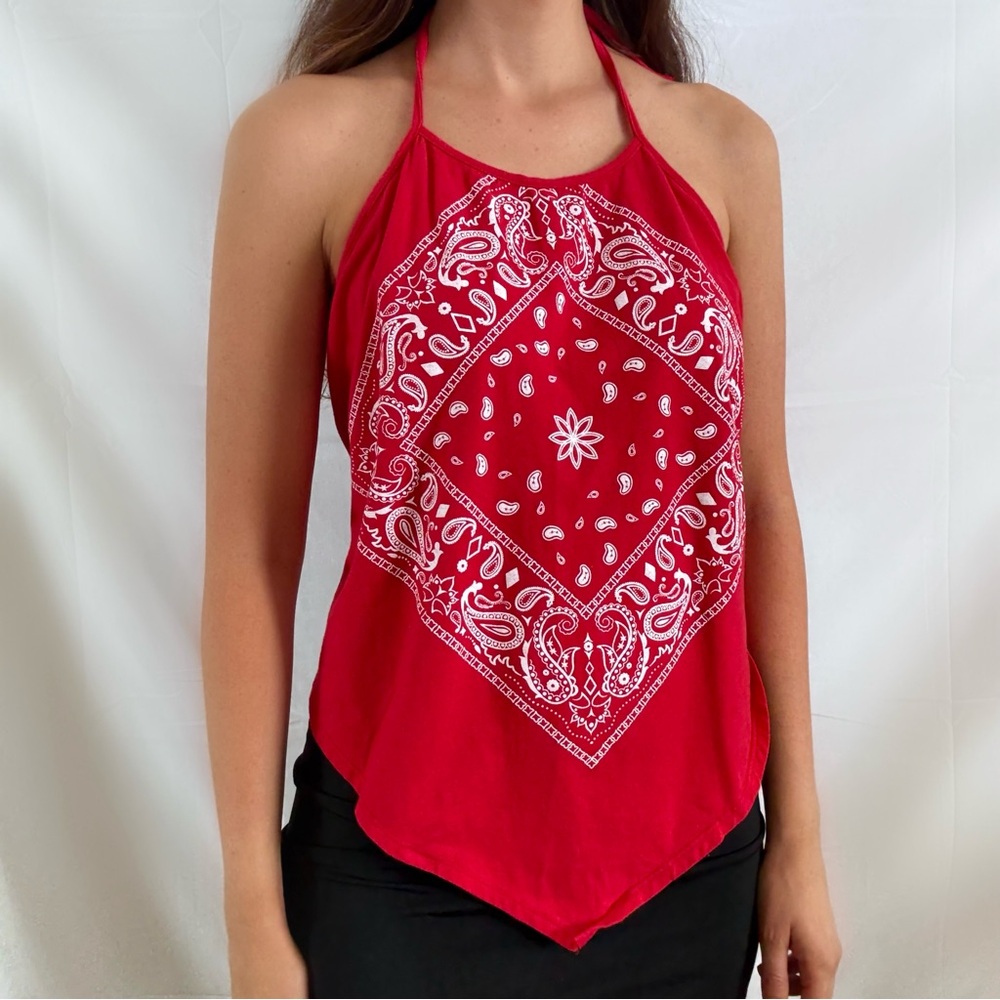 Vintage Y2K red bandana open back triangle top halter tie back western XL